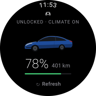 Home screen: Model 3 in blue, unlocked, climate on